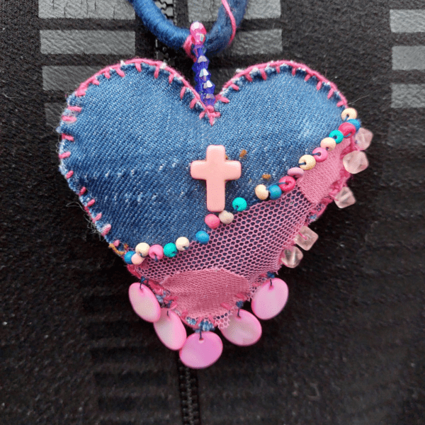 nancyeartist.com - Hand Stitched Pink Denim Necklace 2