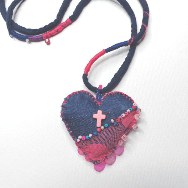 nancyeartist.com - Hand Stitched Pink Denim Necklace 1