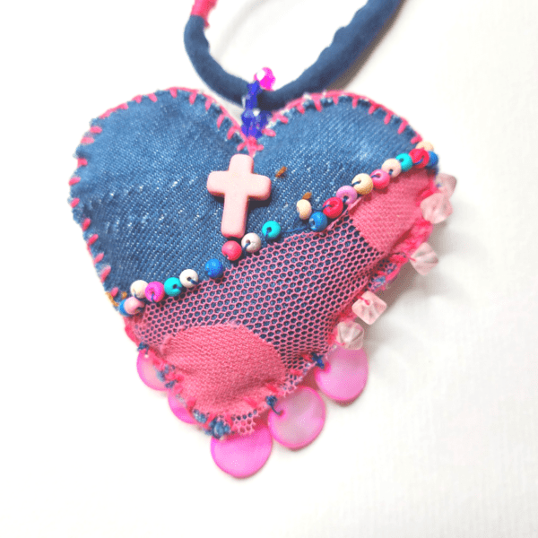 nancyeartist.com - Hand Stitched Pink Denim Necklace