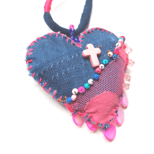 nancyeartist.com - Hand Stitched Pink Denim Necklace 4