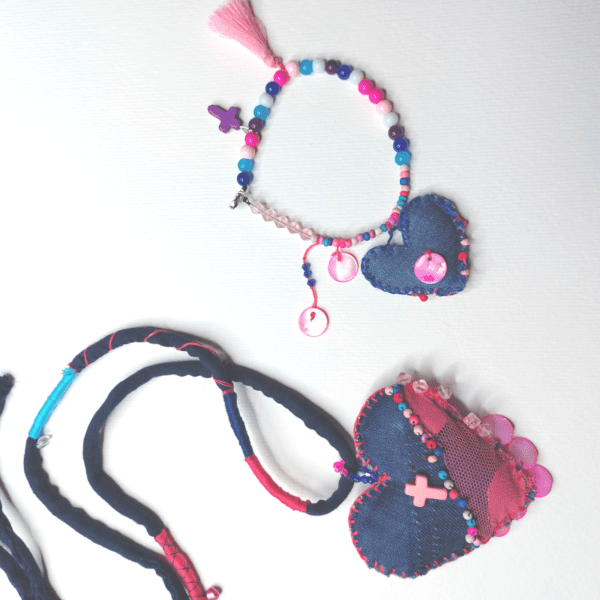 nancyeartist.com - Hand Stitched Pink Denim Necklace 5