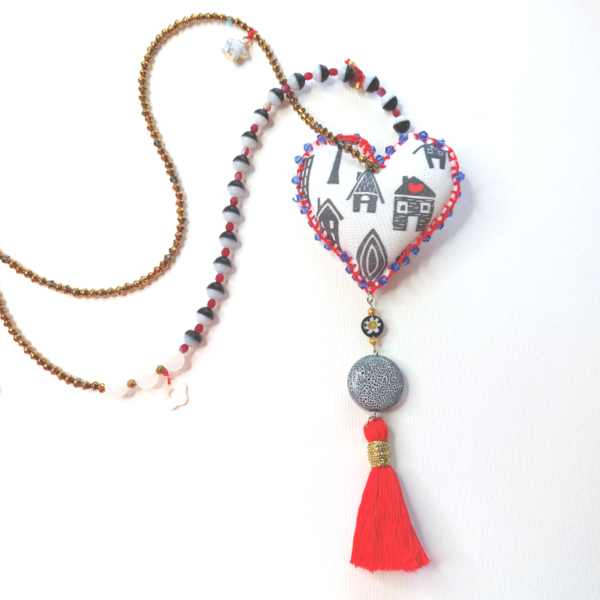 Fabric Heart And Precious Stones Necklace
