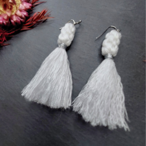 White Knotted Embroidery Thread Earrings 1 - nancyeartist.com