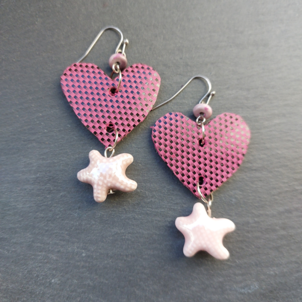 Pink Starfish Heart Earrings 1 -nancyeartist.com
